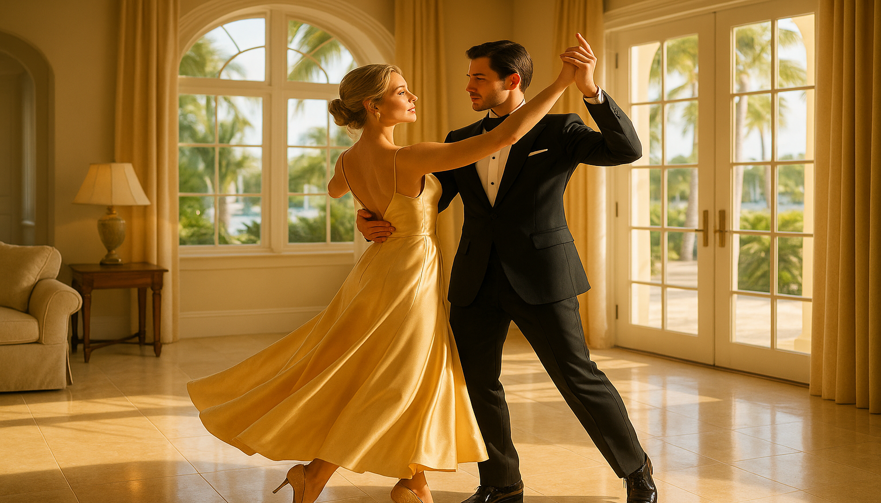 Elegant Palm Beach couple in formal attire practicing private ballroom dance at home before a luxury anniversary cruise or resort getaway