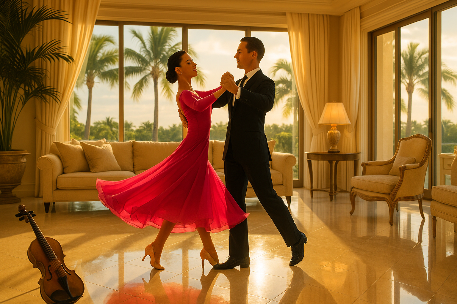 Bright glamorous Palm Beach couple enjoying an at-home anniversary dance lesson in a luxury South Florida living room