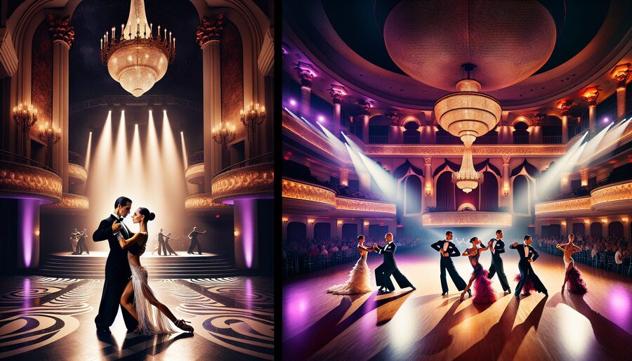 Two elegant tango couples performing Argentine and ballroom tango side by side in a glamorous South Florida ballroom with chandeliers and golden lighting