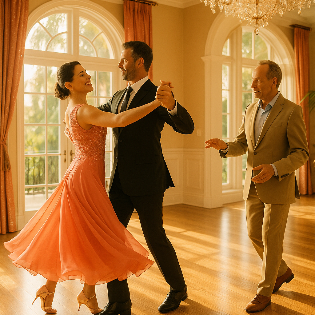 Bright glamorous South Florida couple taking private ballroom dance lessons at home to improve balance and confidence