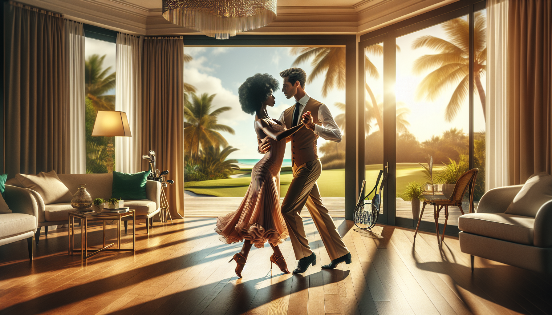 Elegant couple ballroom dancing as cross-training for golf and tennis in a luxury Palm Beach South Florida home