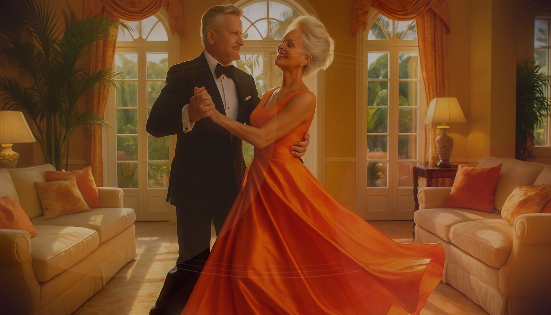 Bright glamorous Palm Beach couple over 50 practicing elegant ballroom dance in a luxury South Florida home with confident posture and joyful movement