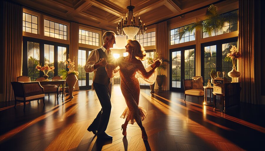 Elegant couple in their 60s gliding through a waltz in a sunlit South Florida luxury home — ballroom dancing for arthritis relief in Palm Beach County