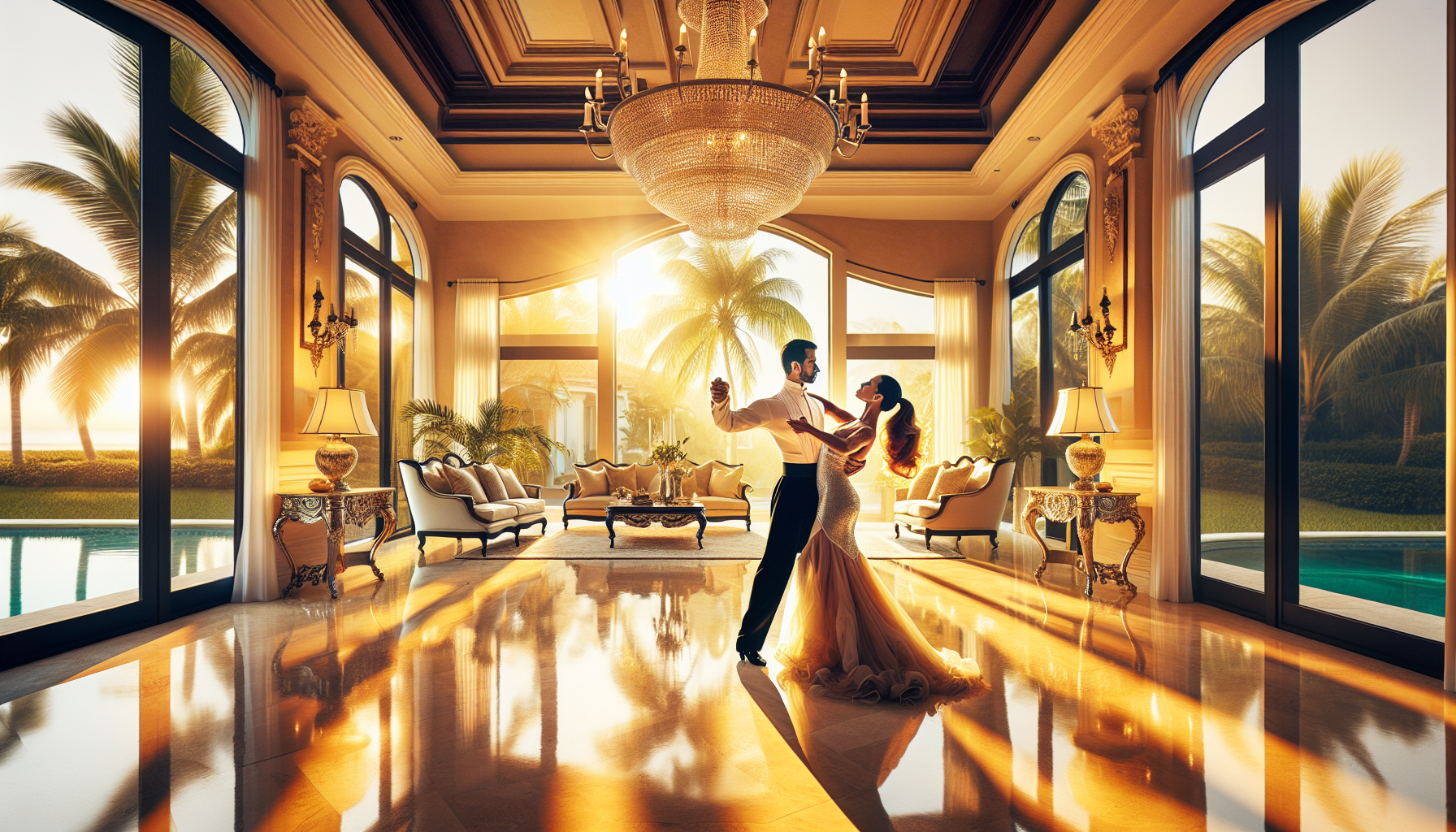 Elegant South Florida couple practicing ballroom dancing in a luxury Palm Beach home to improve balance and coordination