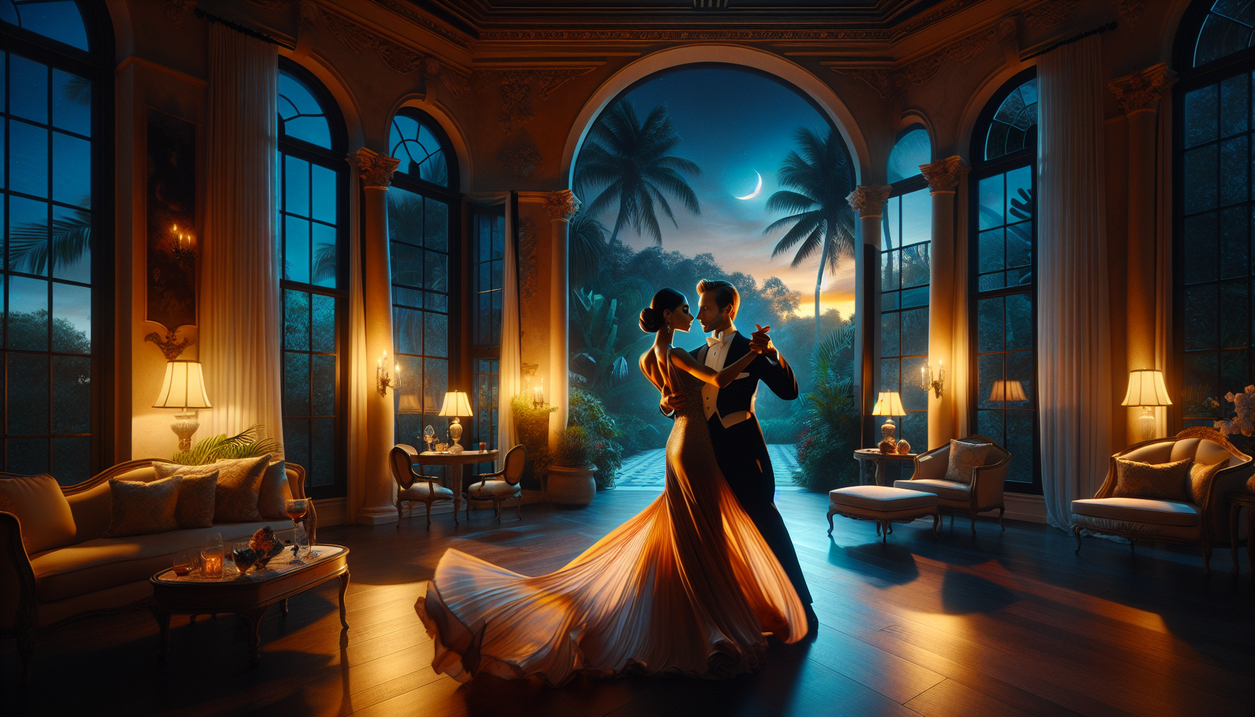 Elegant couple ballroom dancing in a luxurious South Florida home at twilight, warm golden light, serene and romantic atmosphere