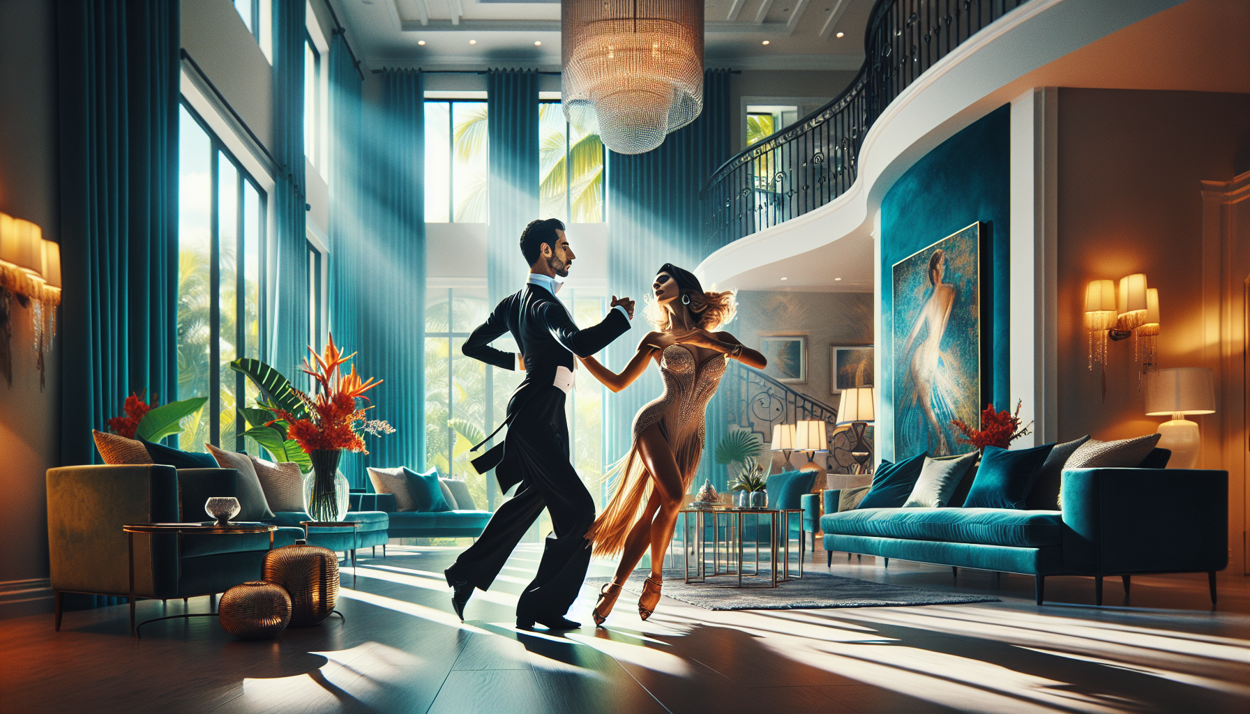 Elegant couple dancing ballroom in a luxury home, bright energetic movement, tropical vibes, sophisticated dance performance