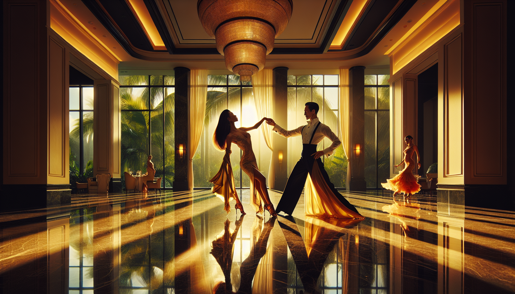 Elegant couple ballroom dancing in a glamorous South Florida ballroom with golden light and lush tropical views