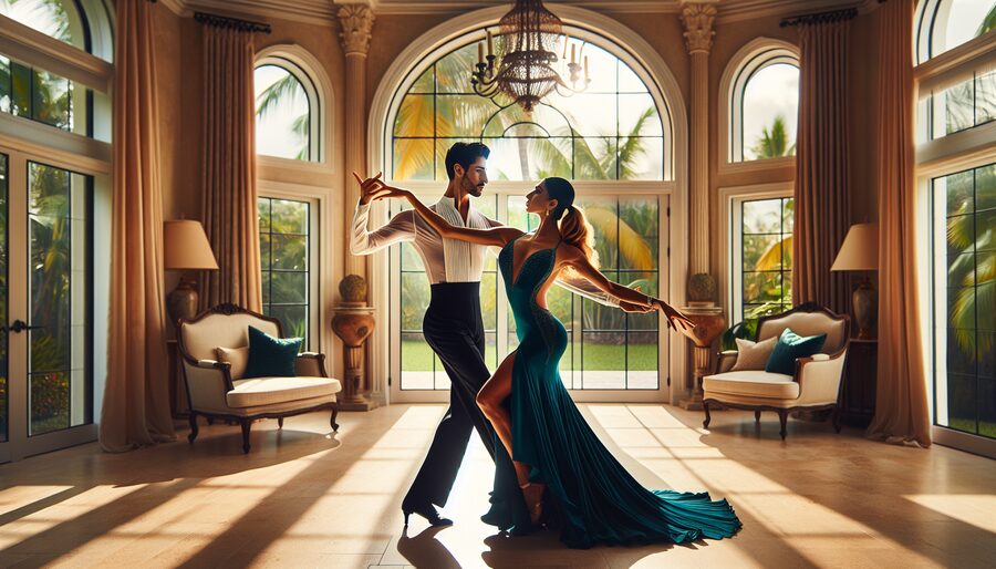 Elegant couple in perfect ballroom dance frame in a bright South Florida home, showcasing upright posture, core strength, and graceful aligned body position
