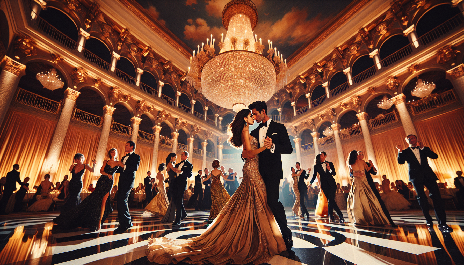 Elegant couple dancing at a glamorous black tie gala in a grand South Florida ballroom with crystal chandeliers and golden lighting