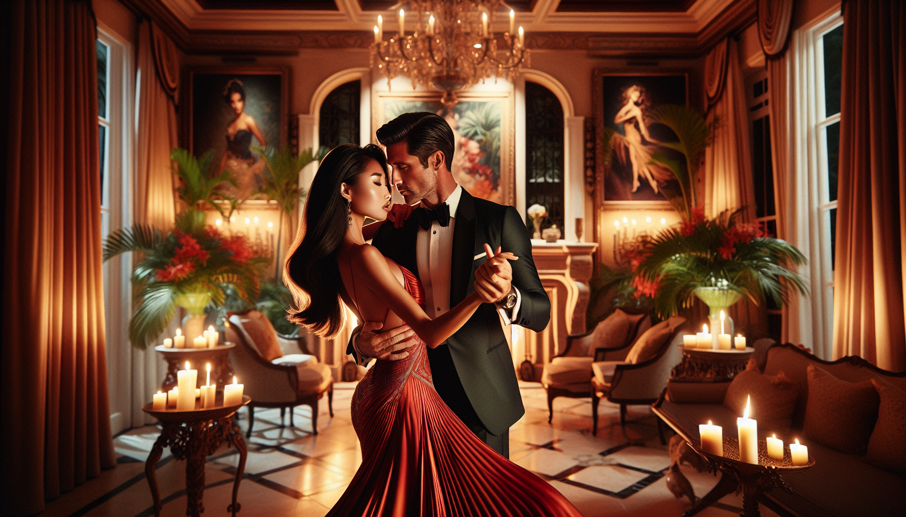 Romantic couple dancing the Bolero in a luxurious Palm Beach home with candlelight and tropical flowers
