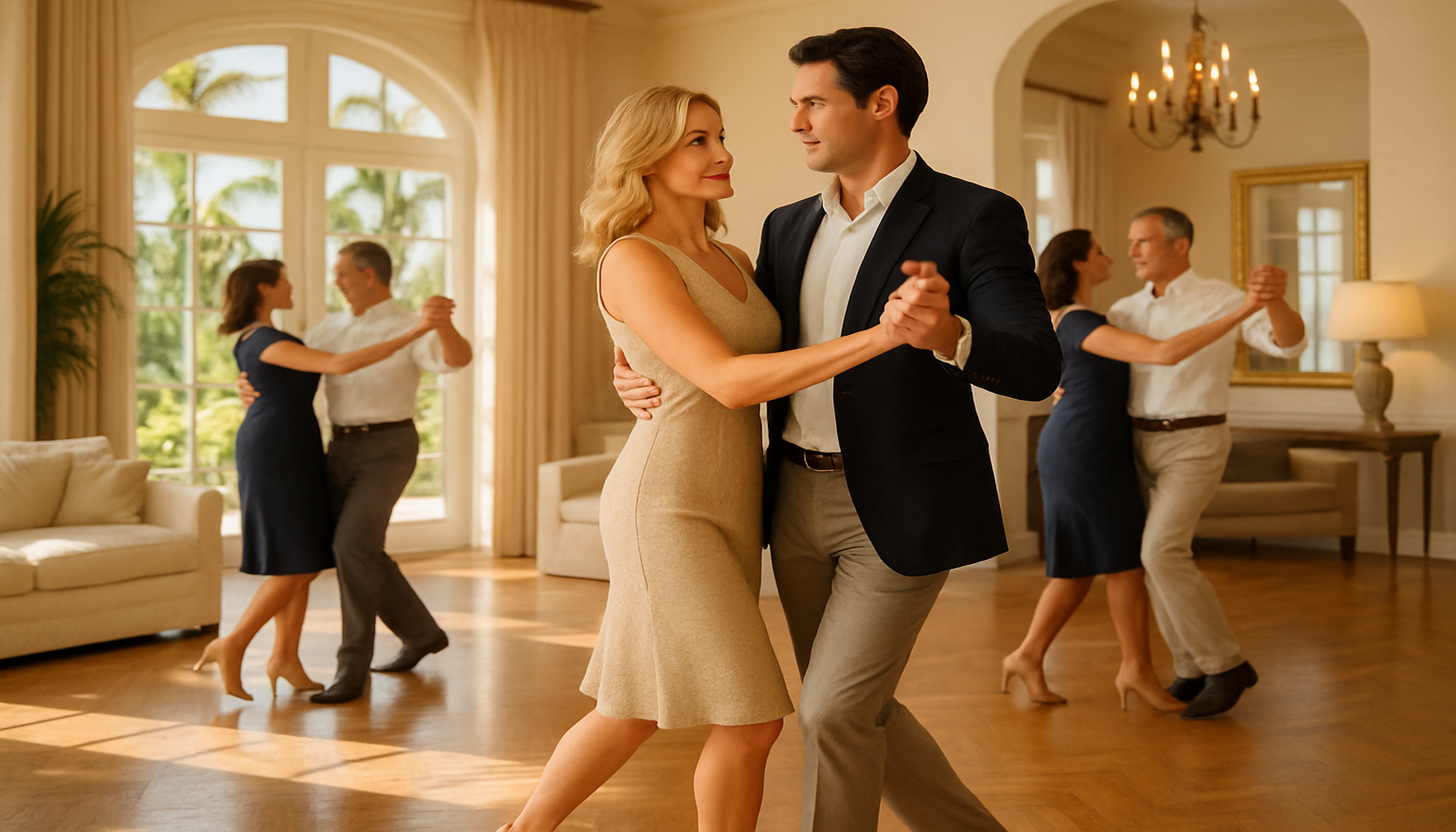 Elegant Palm Beach adults enjoying a bright private ballroom dance lesson in a luxury South Florida home with energized, focused movement