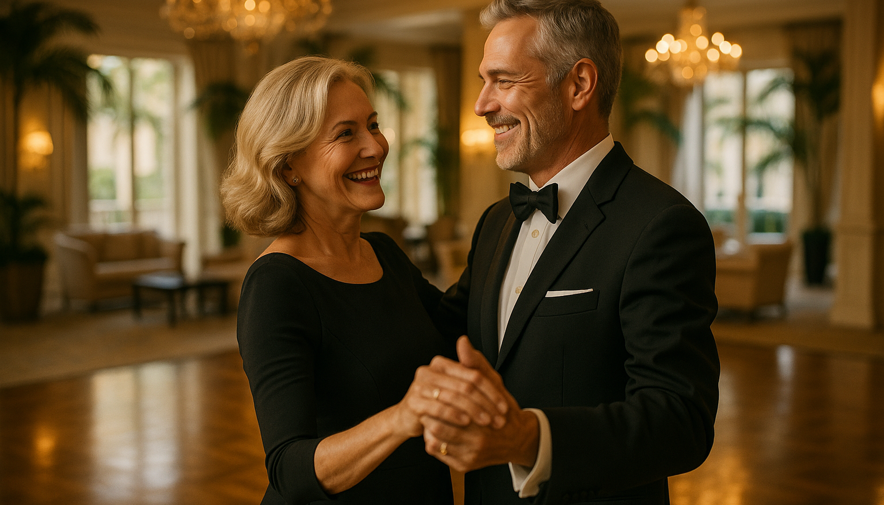 Elegant mature couple ballroom dancing in a bright luxurious Palm Beach setting with warm South Florida lighting