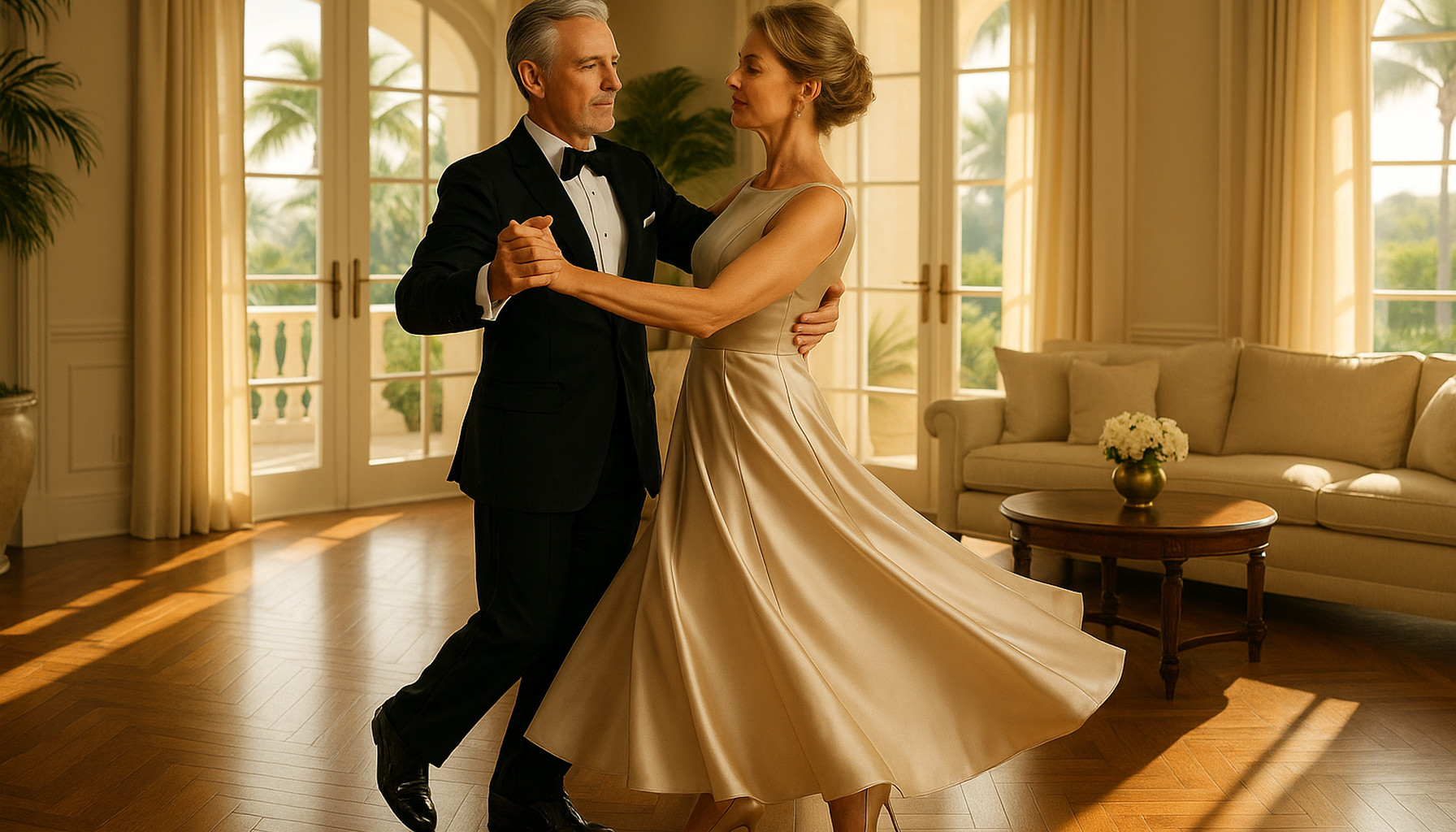 Elegant mature couple practicing a smooth ballroom turn in a bright luxury Palm Beach home with warm South Florida light and confident posture