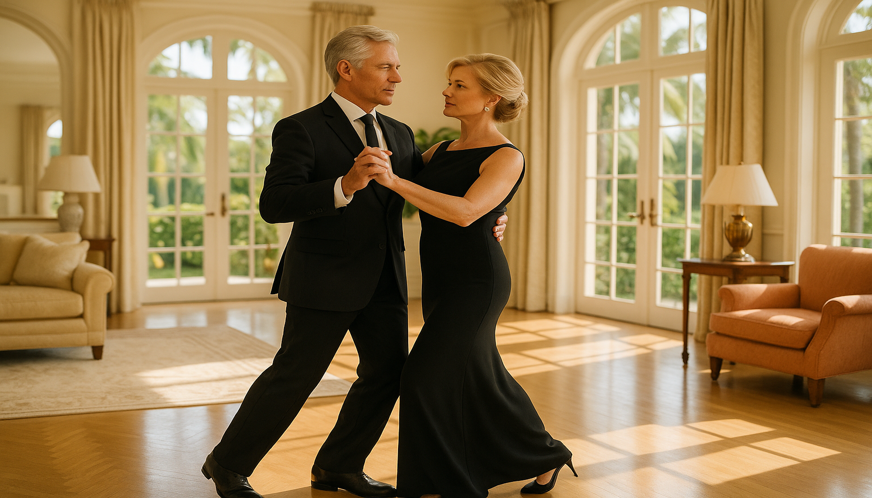 Elegant mature couple practicing ballroom dance in a refined Palm Beach home with strong posture, balanced movement, and confident everyday mobility