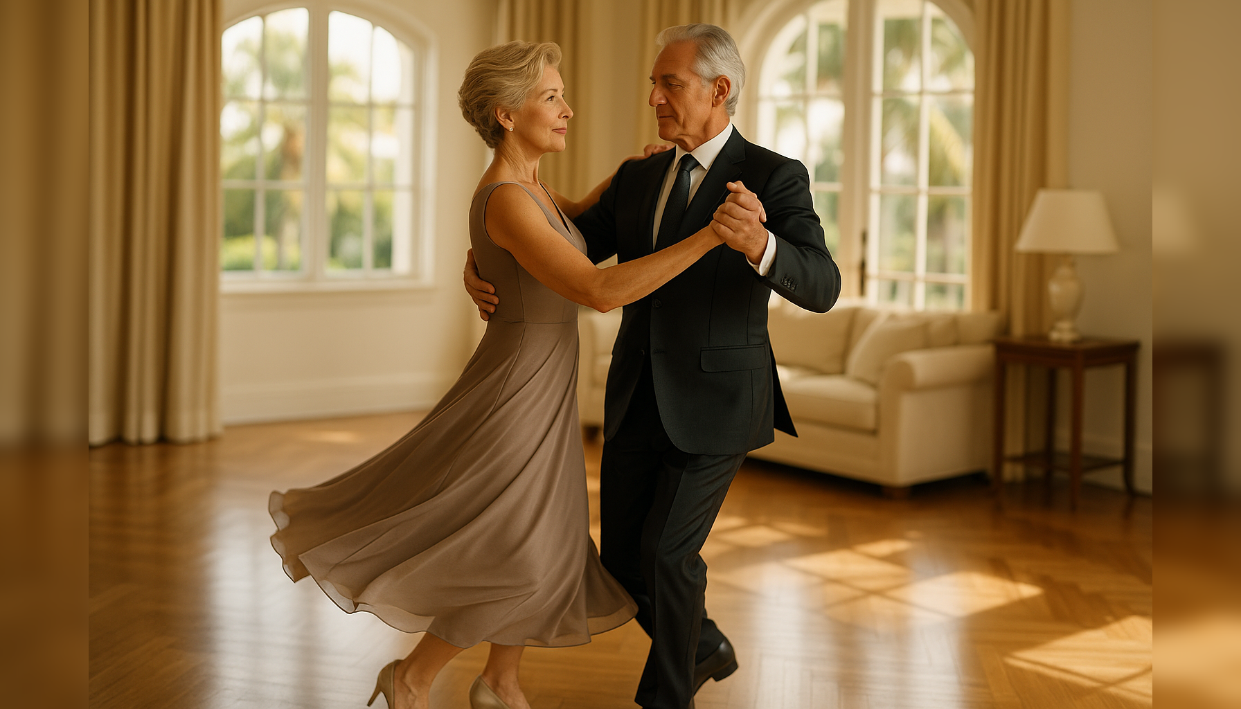 Elegant mature couple practicing ballroom dance in a refined Palm Beach home with warm South Florida light and confident, graceful movement