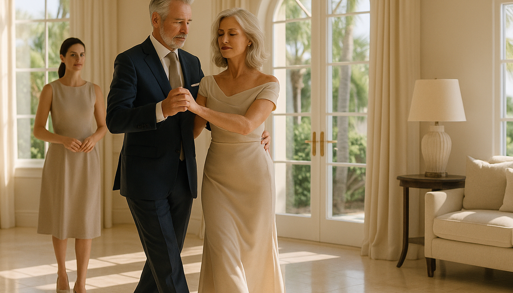 Elegant mature couple practicing graceful ballroom walking and turning in a refined Palm Beach interior with warm South Florida light and confident posture