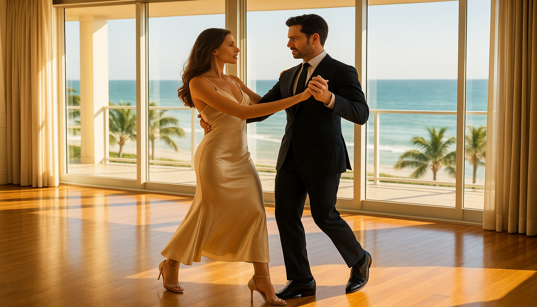 Elegant couple practicing private ballroom dance in a luxury Palm Beach condo with warm South Florida light and ocean-view windows