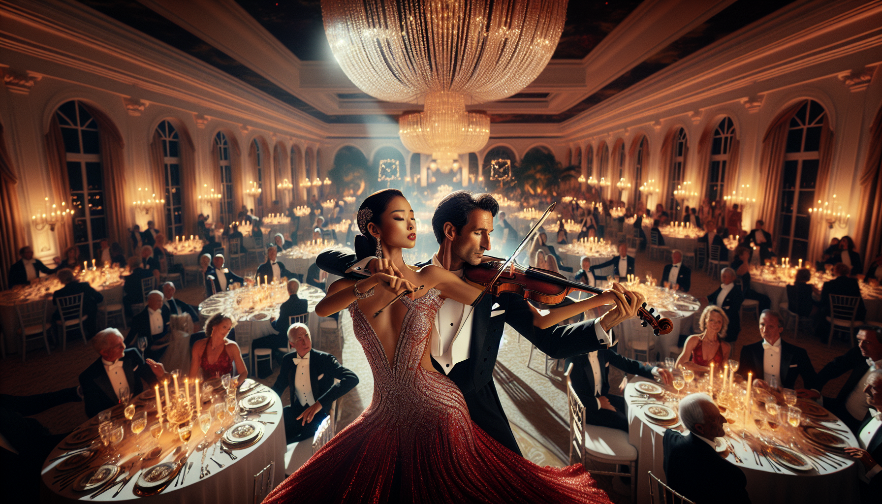 Elegant live violin and ballroom dance performance at a luxury corporate gala in Palm Beach South Florida