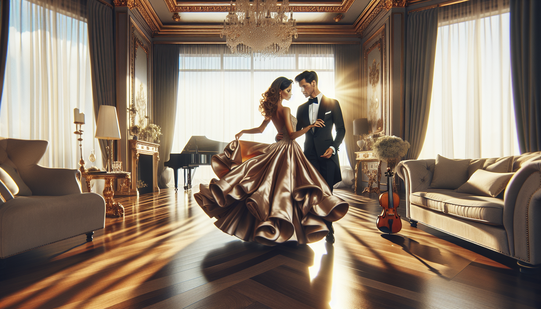 Elegant couple dancing at home in Palm Beach with glamorous South Florida date-night style