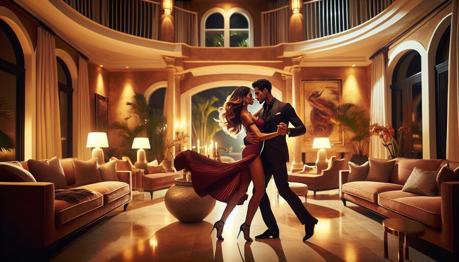 Romantic couple dancing a Latin dance together in a luxurious South Florida home with warm golden lighting — the perfect couples date night in Palm Beach