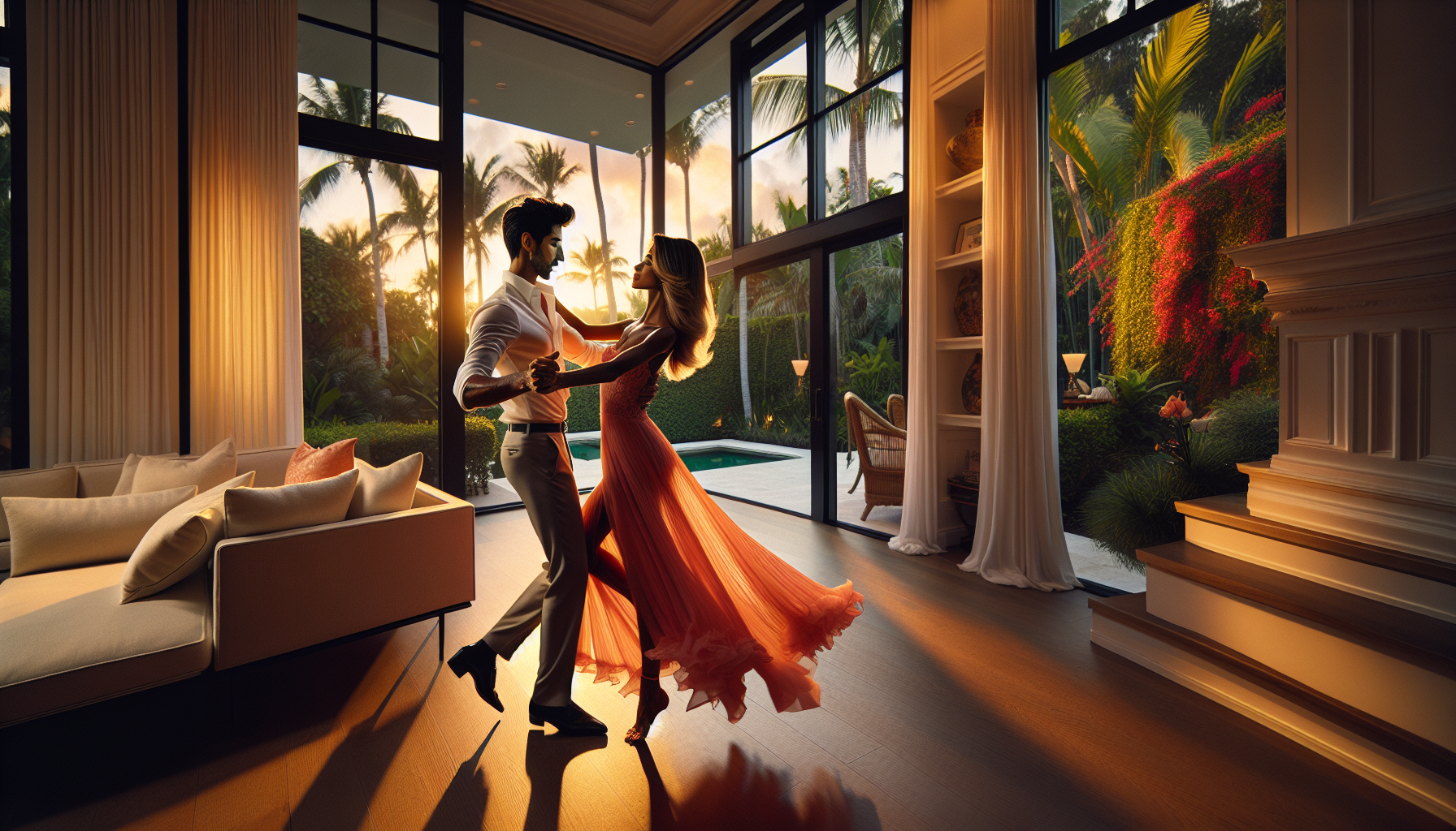 Romantic couple dancing together in a beautifully lit South Florida home with golden hour light and lush tropical garden views