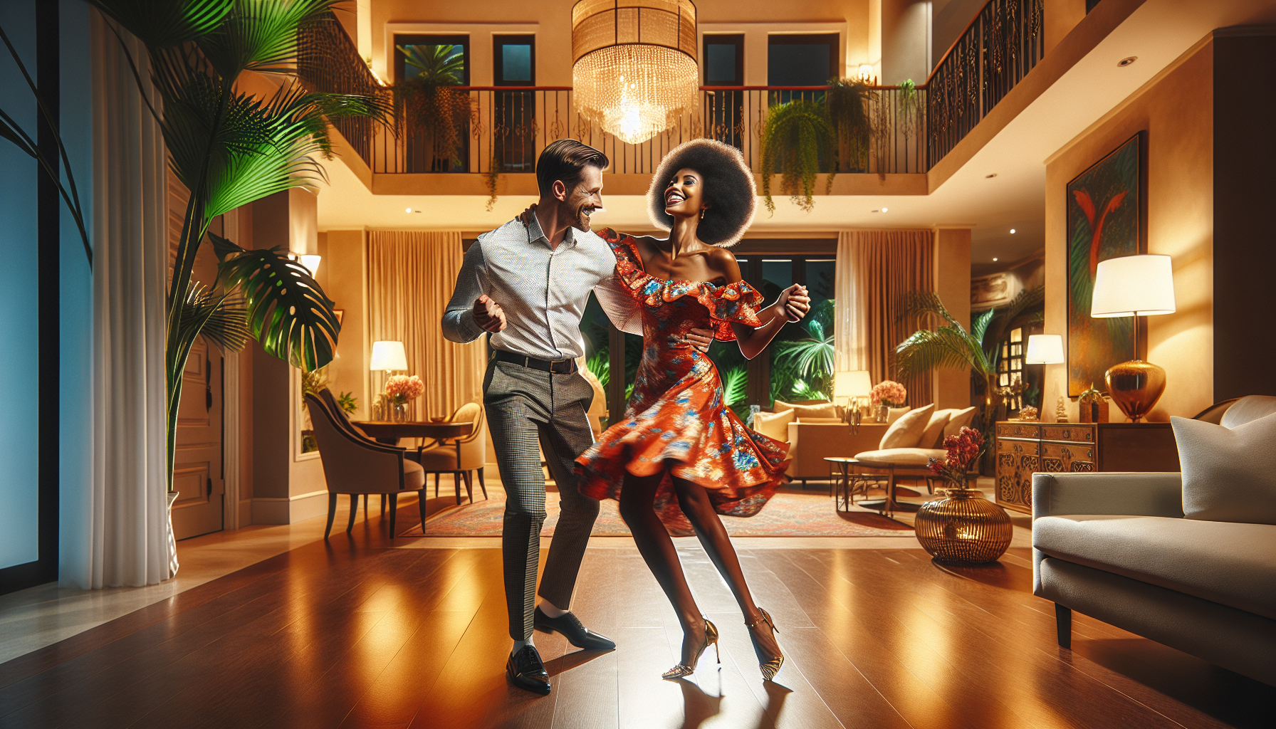 Energetic couple dancing East Coast Swing in an elegant South Florida home with tropical plants and warm golden light