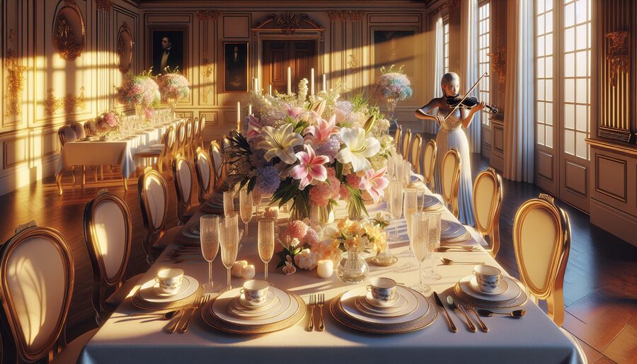 Professional violinist performing at an elegant Easter brunch in a Palm Beach luxury home with spring flowers and guests