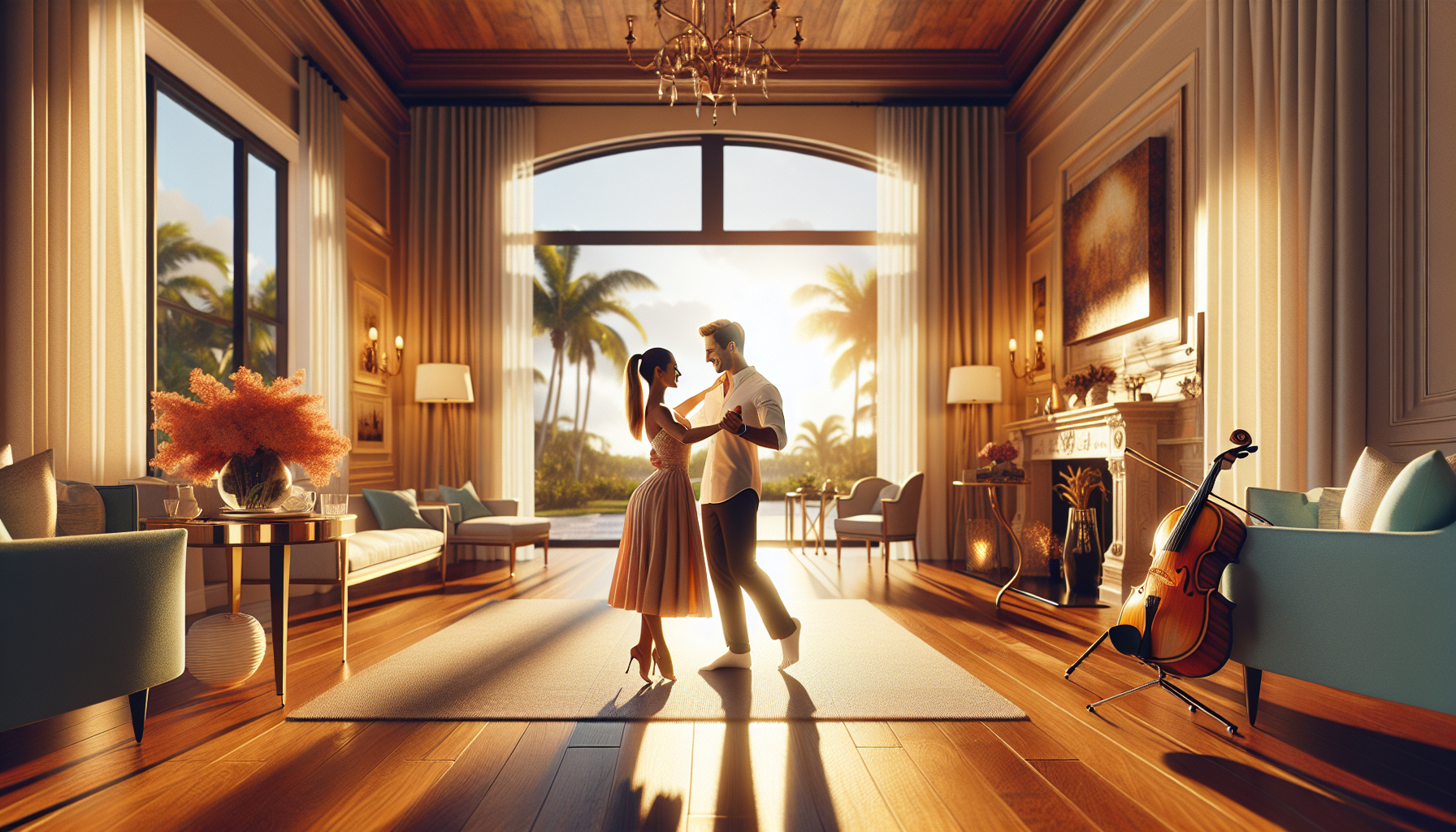 Bright glamorous engagement gift private dance lesson in a luxury Palm Beach home with a romantic South Florida atmosphere