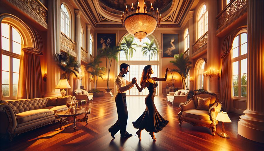 Professional ballroom dance instructor guiding a smiling adult woman through her first dance steps in a bright, elegant South Florida home with tropical light and hardwood floors