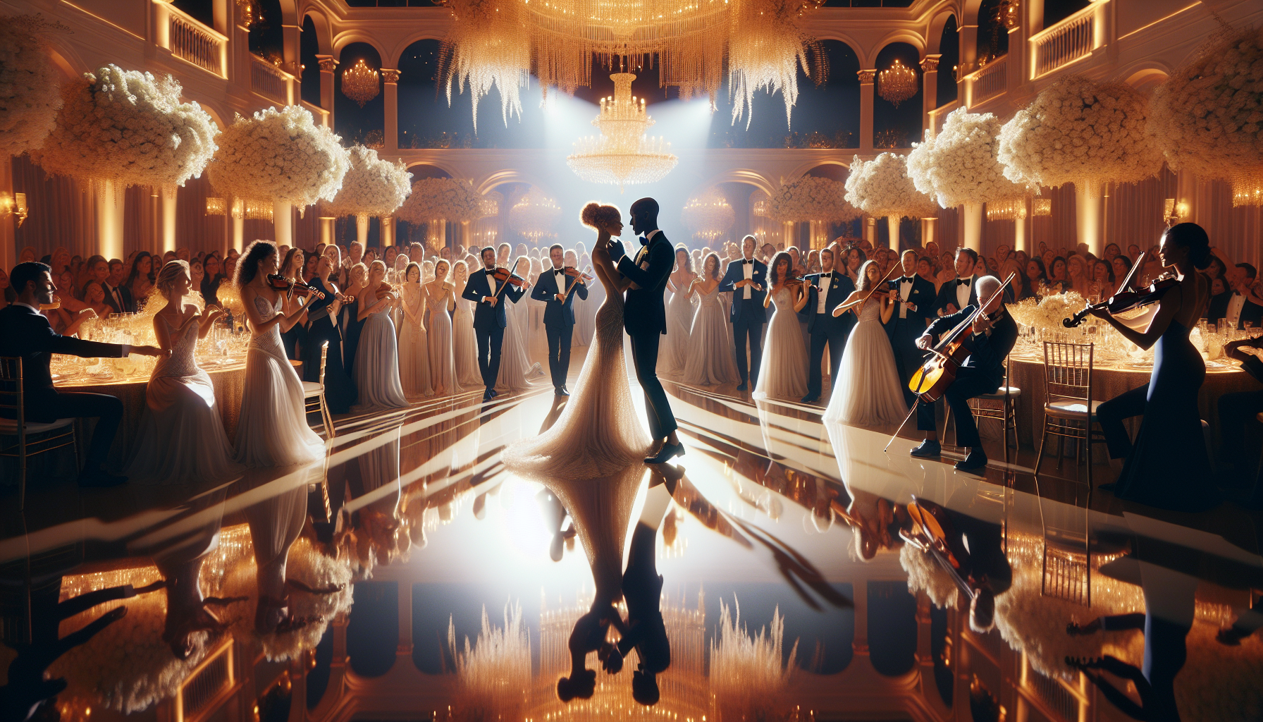 Bright glamorous Palm Beach wedding first dance with live violin and an elegant couple on a luxury South Florida dance floor