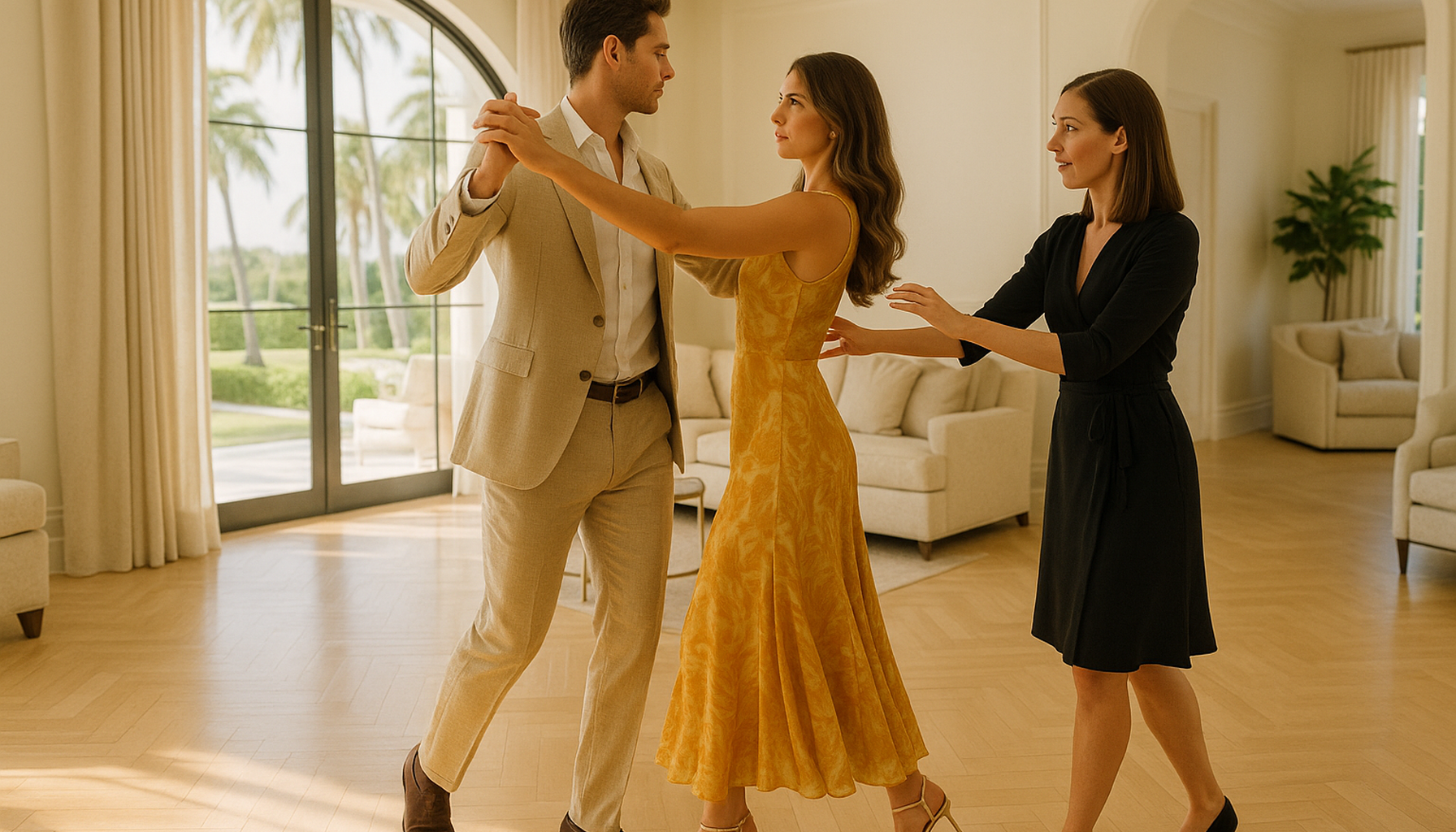 Elegant couple beginning a private ballroom dance lesson at home in a luxury Palm Beach living room with warm South Florida light