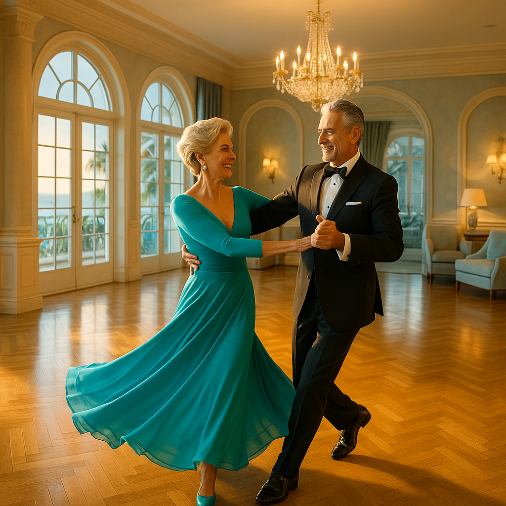 Elegant couple dancing in a luxury South Florida home with bright glamorous lighting