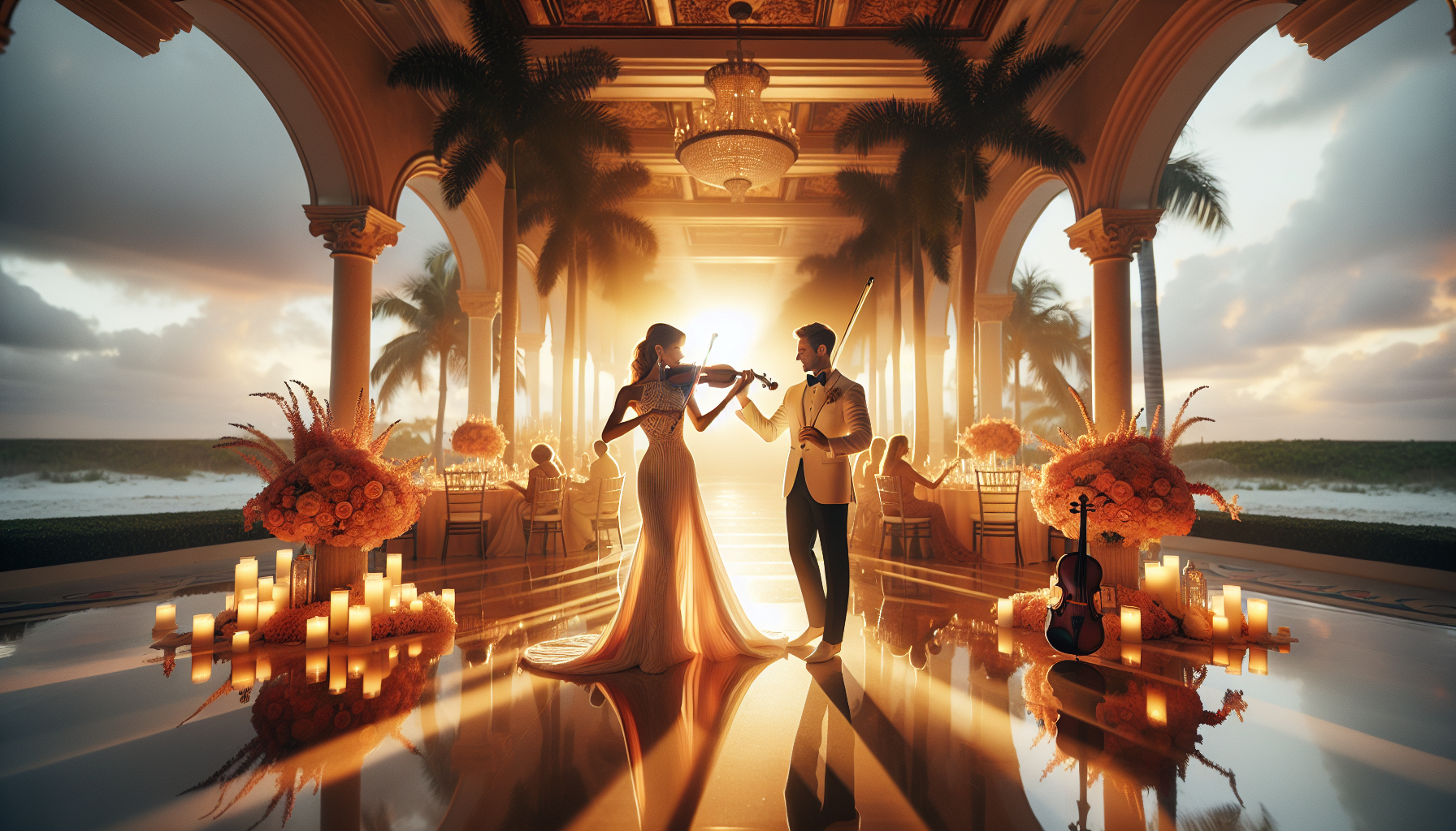 Bright glamorous South Florida wedding scene with live violin and elegant first dance