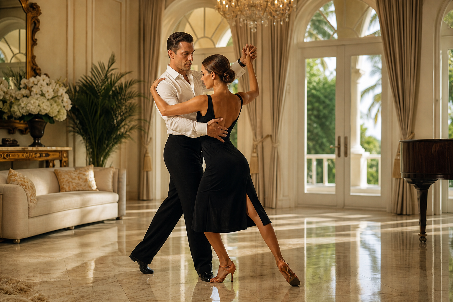 Elegant Palm Beach private dance lesson with a couple dancing in a luxury South Florida setting
