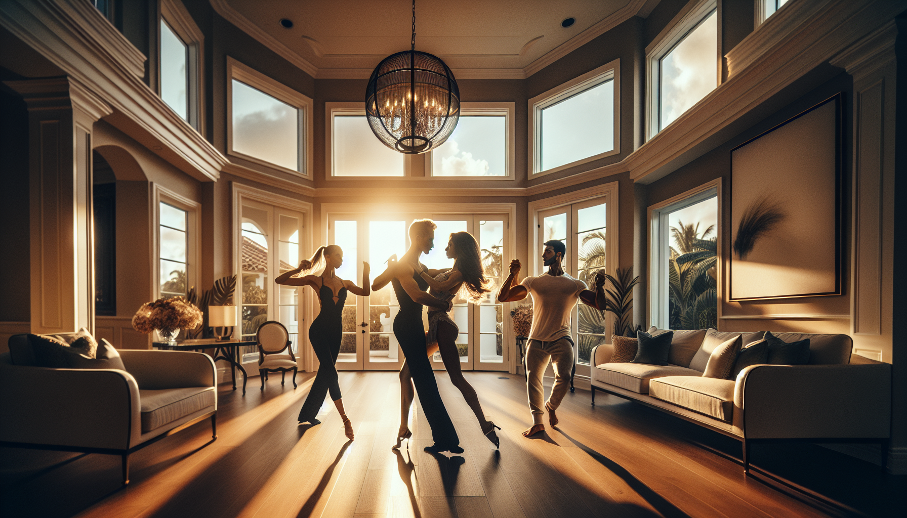 Professional in-home ballroom dance lesson in luxury Palm Beach residence with personalized instruction