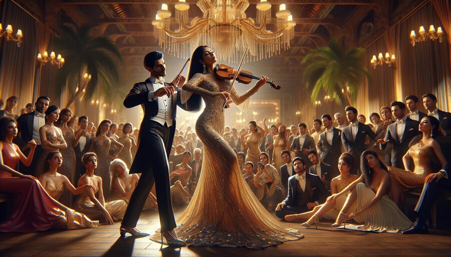 Elegant violinist in gold gown performing live at a luxury Palm Beach wedding while a professional ballroom dancer captivates guests in a stunning tropical venue