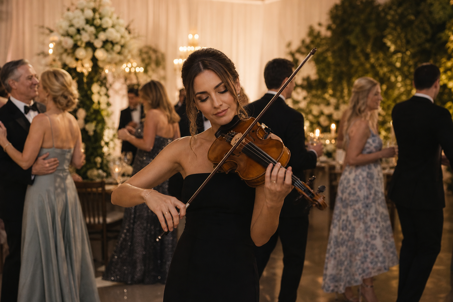 Bright glamorous Palm Beach graduation party with live violin, elegant social dancing, stylish family guests, and warm South Florida evening light