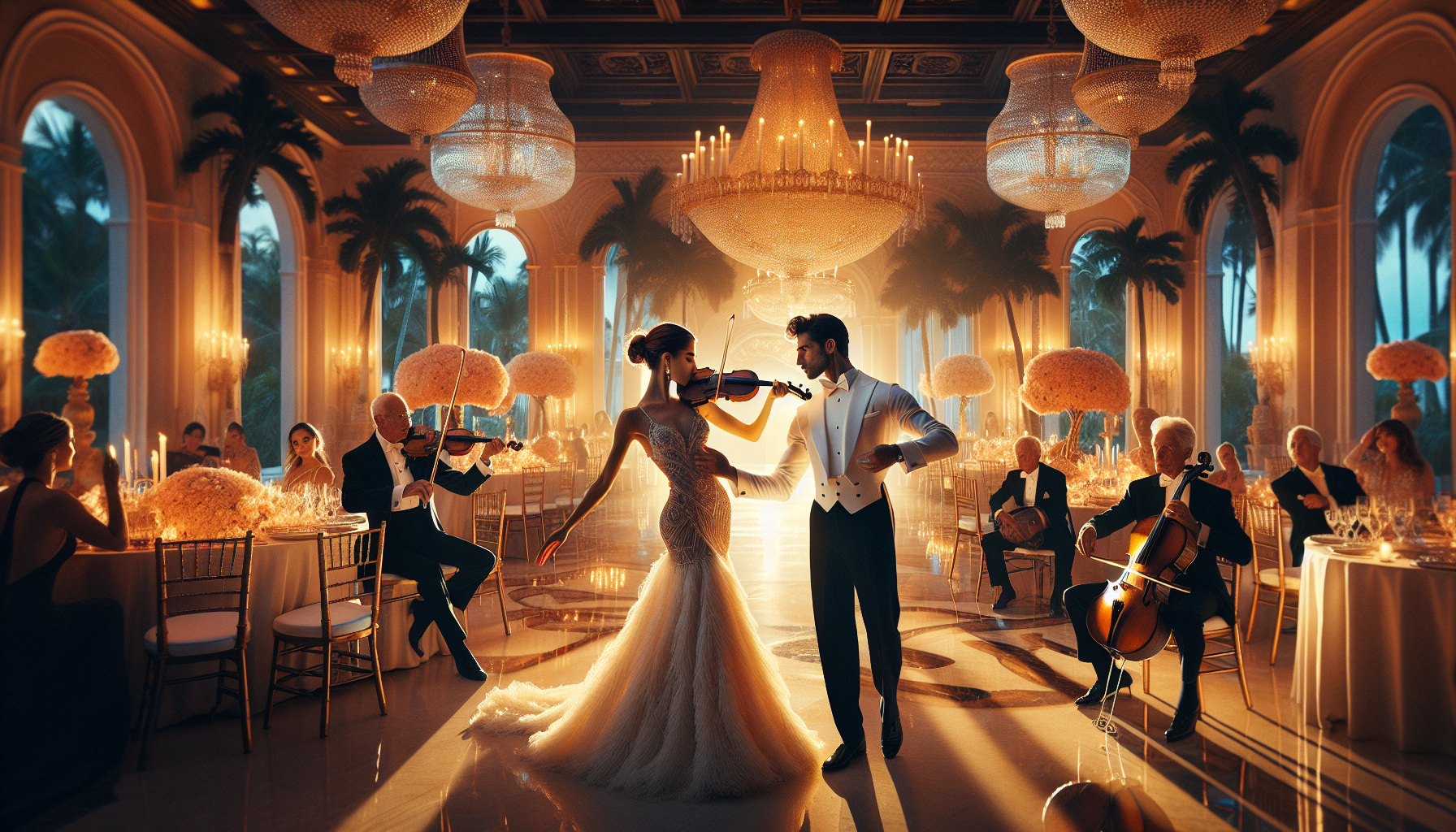 Bright glamorous Palm Beach wedding entertainment scene with live violin and elegant ballroom dancing