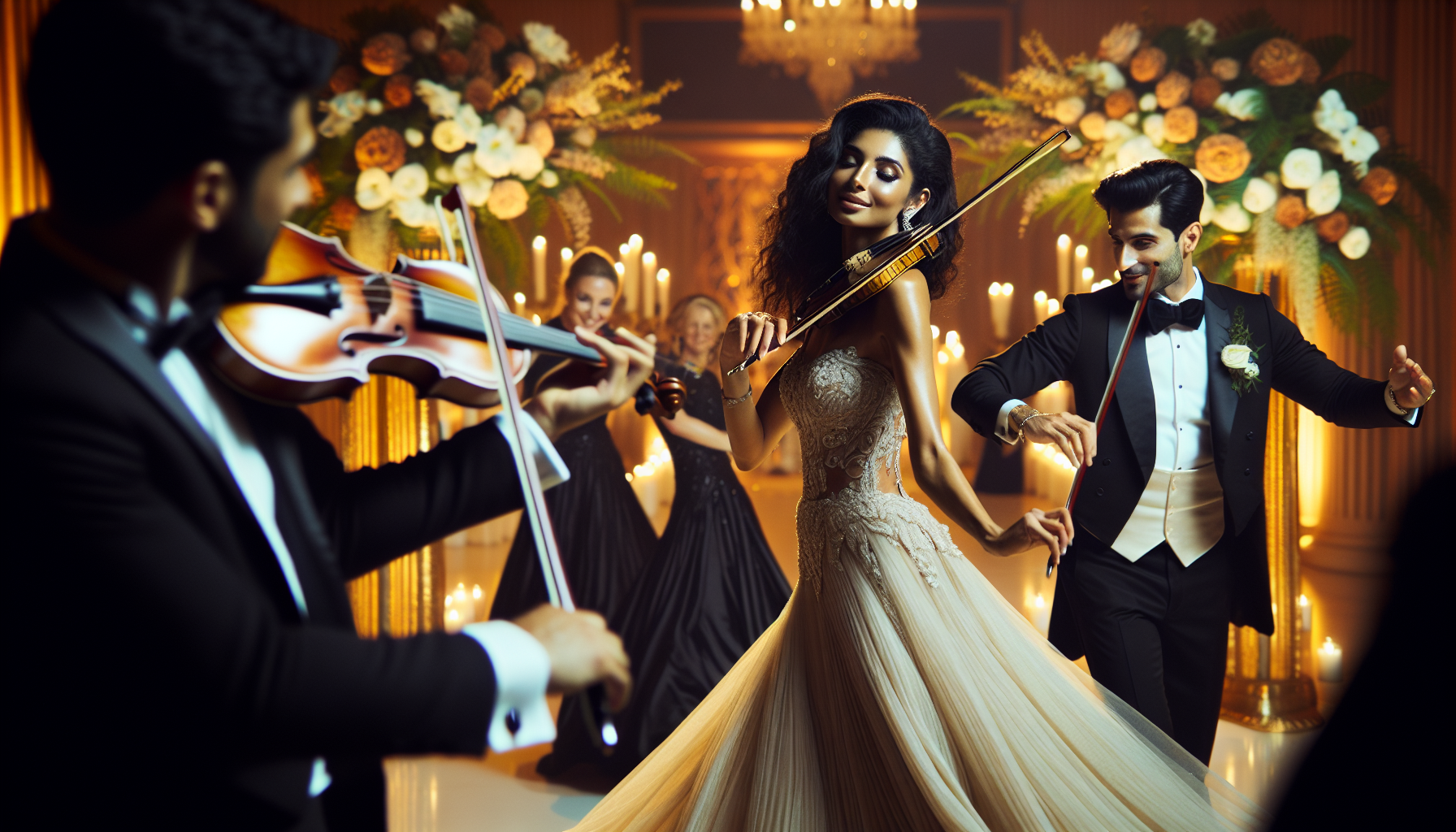 Elegant wedding couple dancing while a professional violinist in black performs, surrounded by golden candlelight and tropical flowers at a glamorous South Florida ballroom