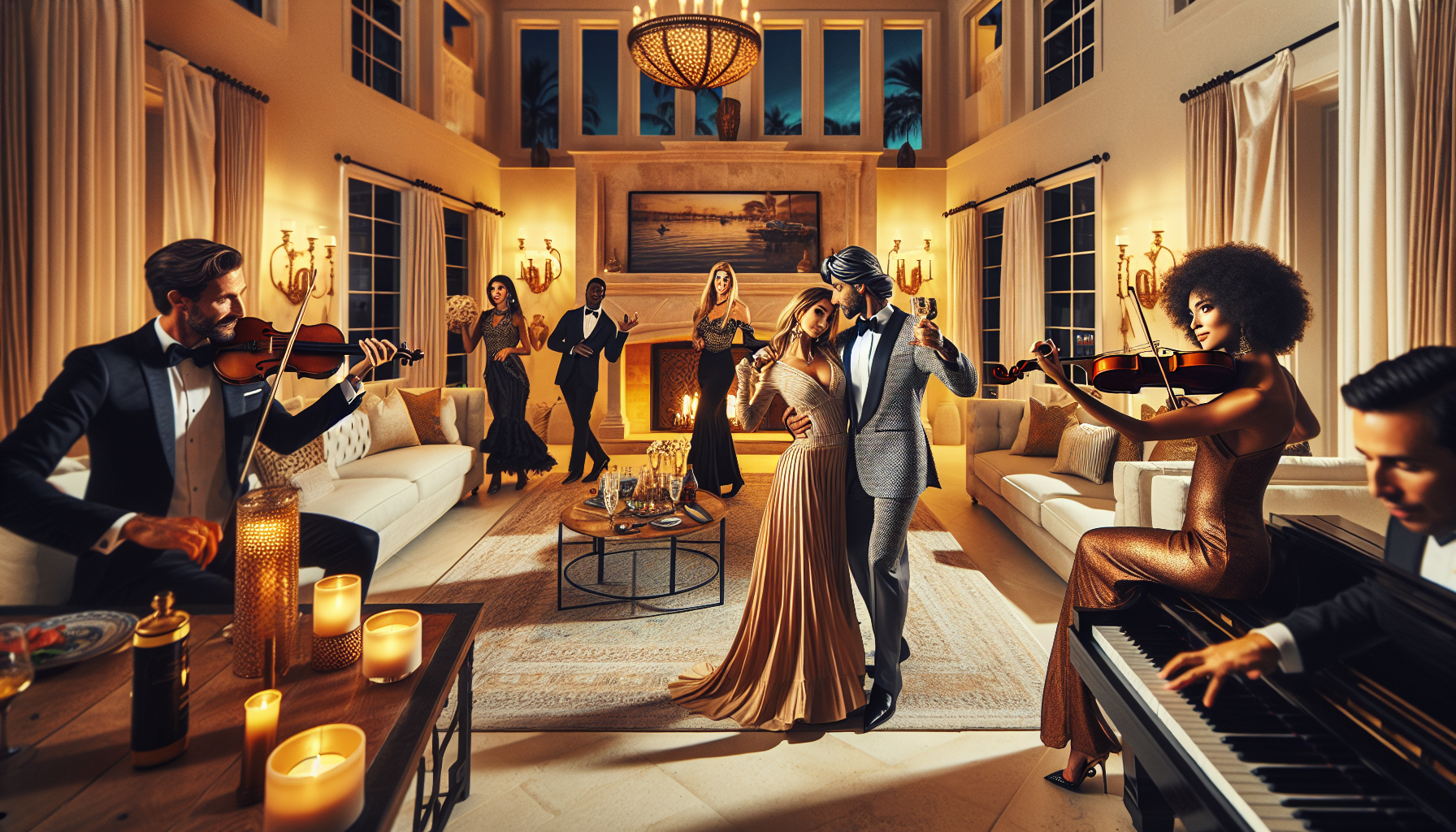 Bright glamorous Palm Beach house party with live violin and elegant ballroom dancing in a luxury South Florida home