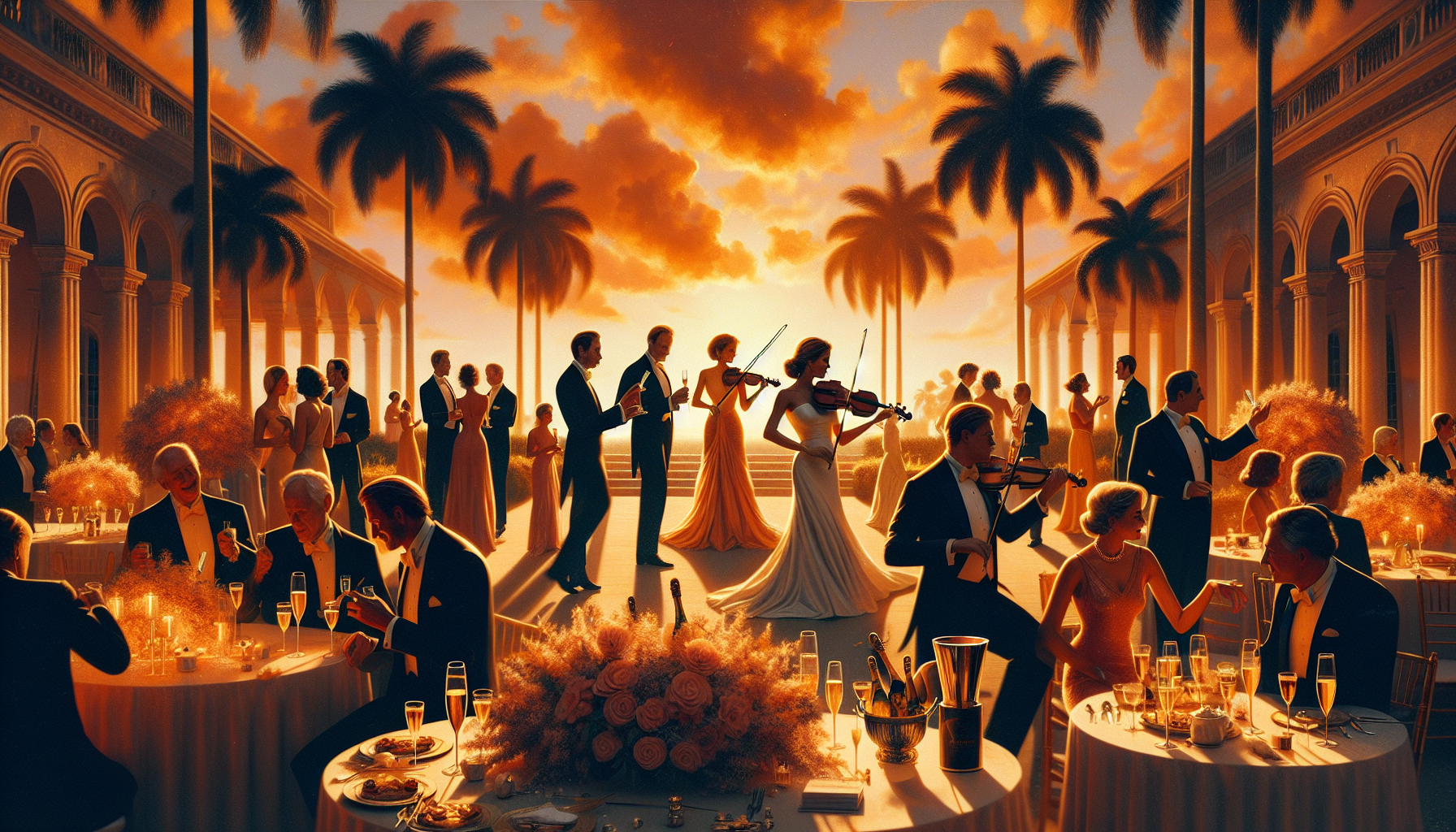 Bright glamorous Palm Beach wedding transition with live violin, elegant guests mingling between ceremony and reception, and South Florida palms at sunset