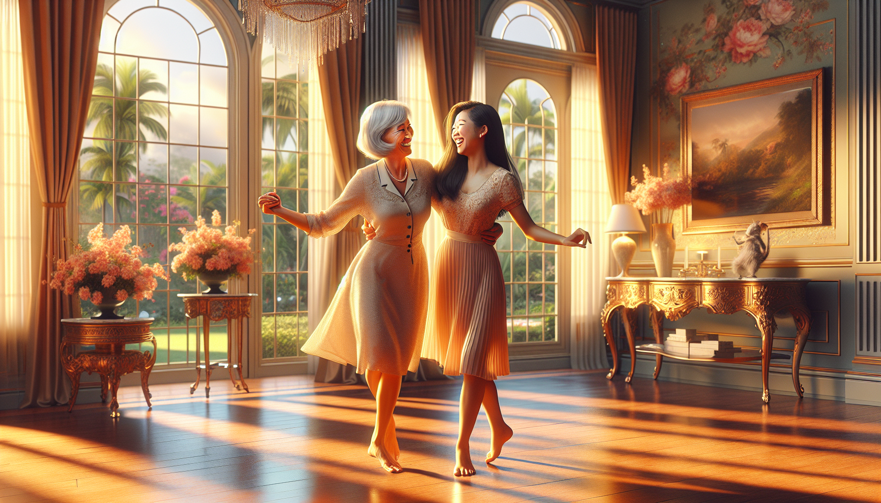 Mother and daughter sharing a joyful private ballroom dance lesson in a beautiful South Florida home with warm golden light and tropical garden views
