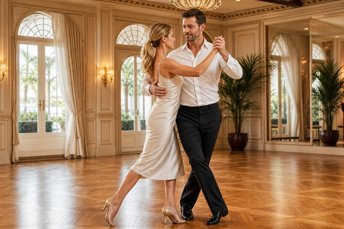 Bright glamorous Palm Beach couple in an elegant South Florida home beginning a private dance lesson with warm encouragement and growing confidence