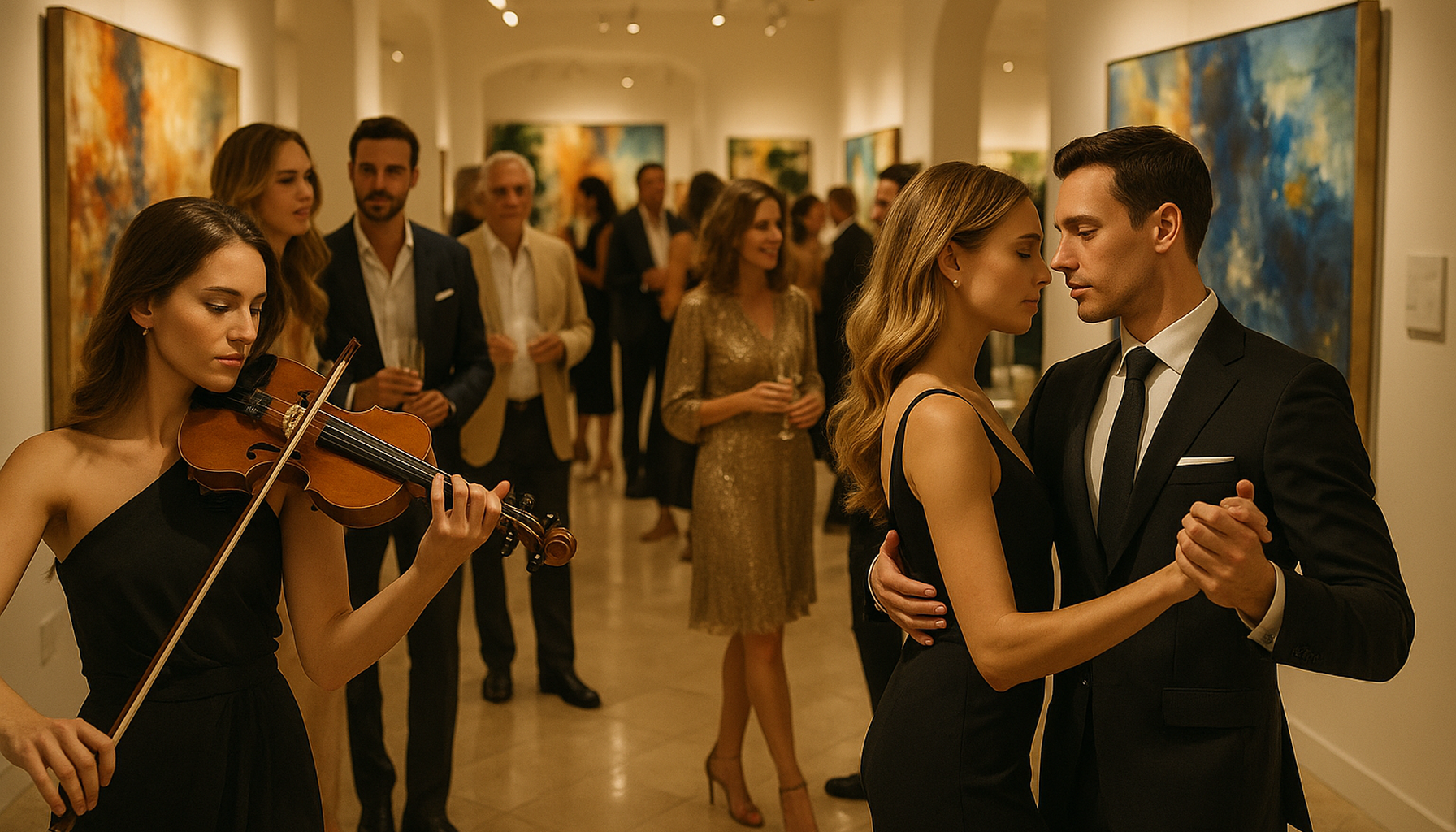 Elegant guests at a Palm Beach art gallery opening with live violin and subtle ballroom dance energy in a luxury South Florida setting