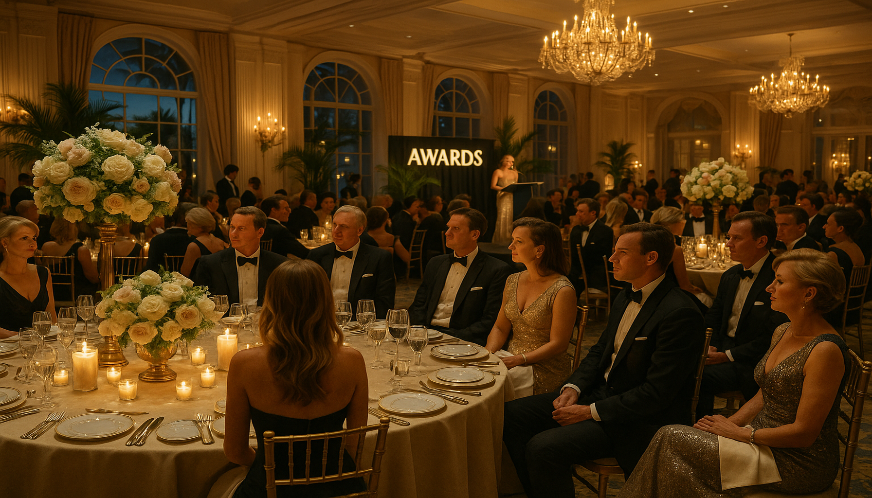 Elegant Palm Beach awards dinner with live violin, candlelit tables, formal guests, and a luxury South Florida ballroom atmosphere