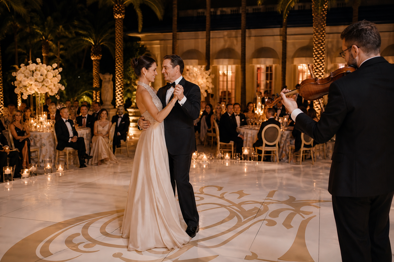 Bright upscale Palm Beach client appreciation event with live violin, elegant guests mingling, subtle dancing, and warm South Florida evening light