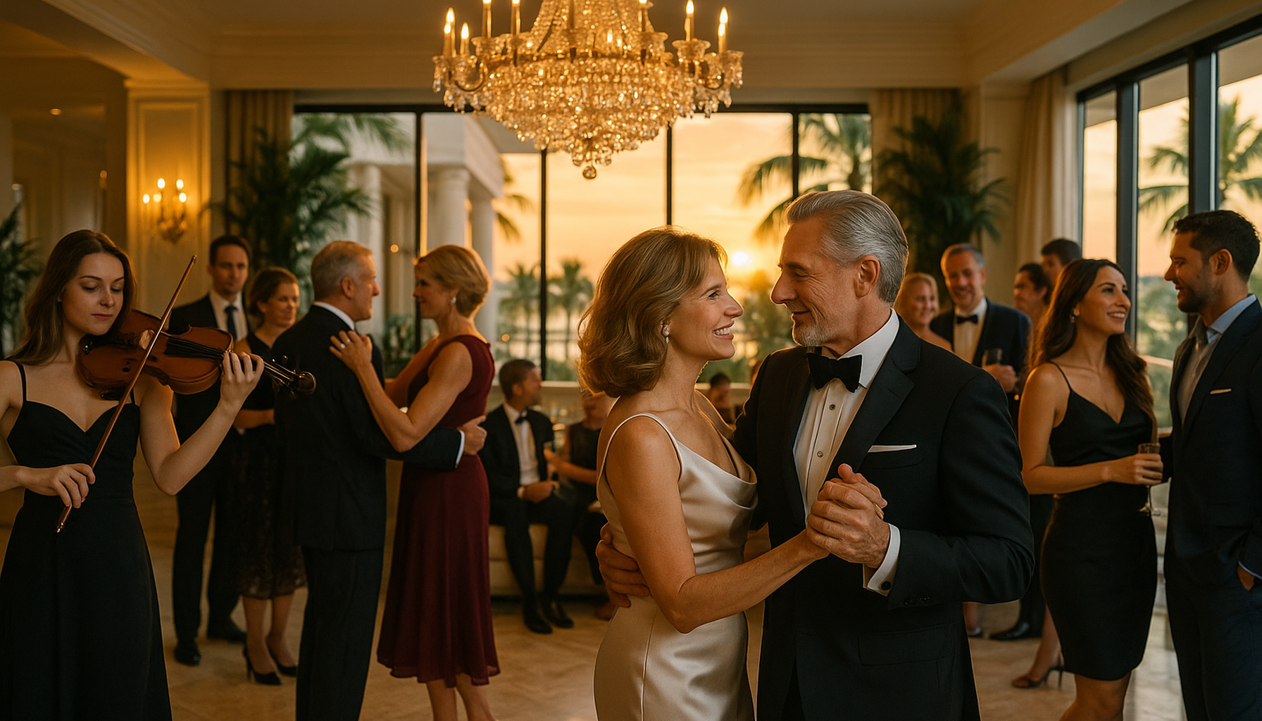 Elegant Palm Beach condo resident mixer with live violin, ballroom dancing, and stylish guests in a luxury South Florida high-rise lounge