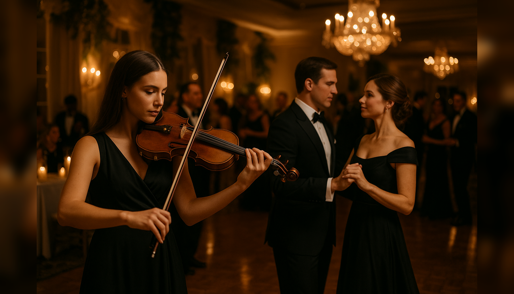 Black-tie guests enjoying live violin and ballroom dance at an elegant Palm Beach country club gala with warm candlelight and luxury South Florida atmosphere