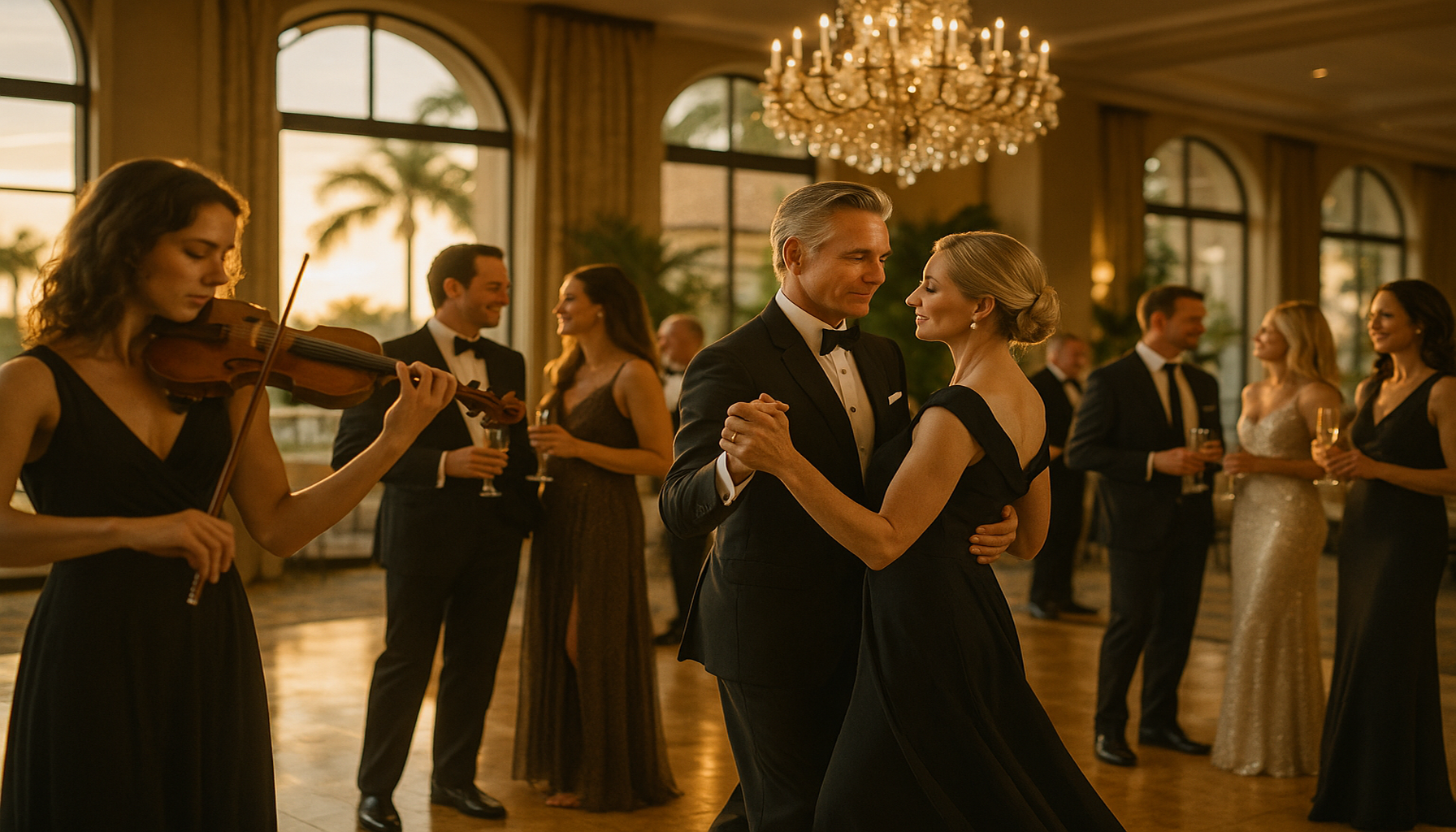 Elegant Palm Beach country club mixer with live violin, ballroom dancing, and stylish guests in a warm South Florida ballroom