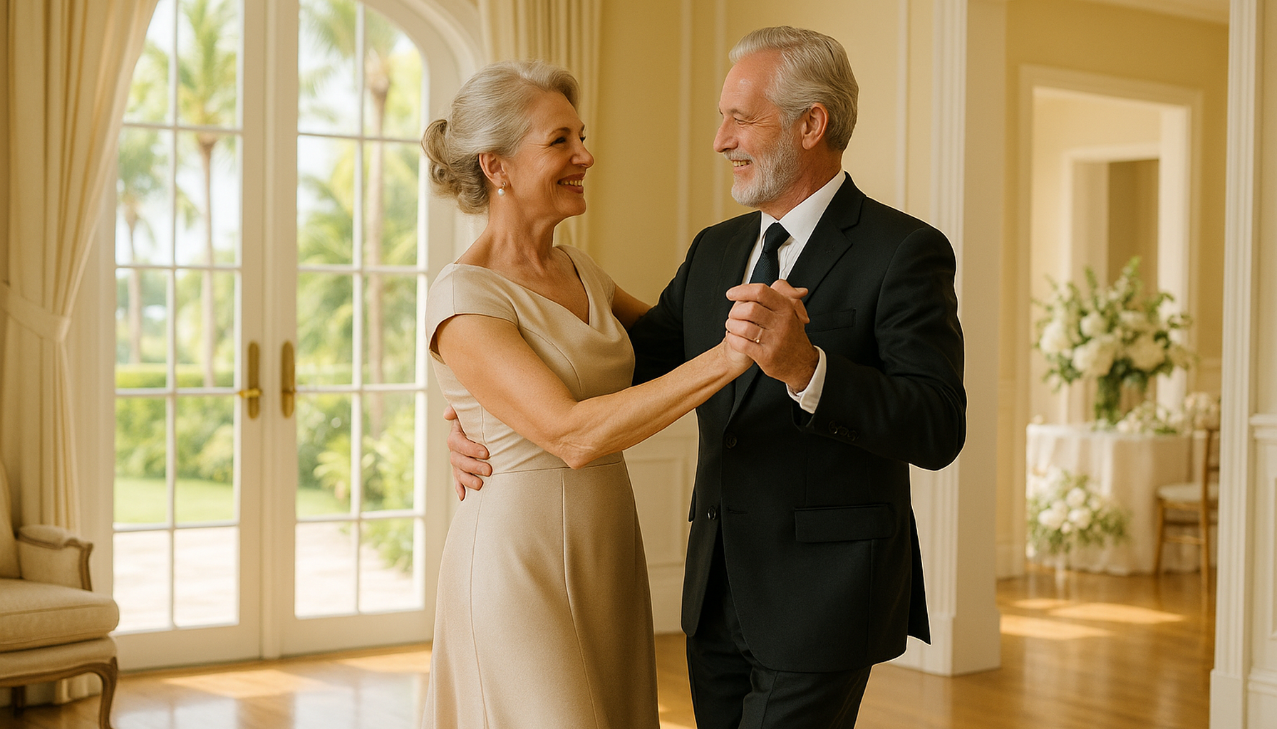 Elegant Palm Beach couple practicing ballroom dance together at home before their son or daughter's wedding in a warm South Florida setting